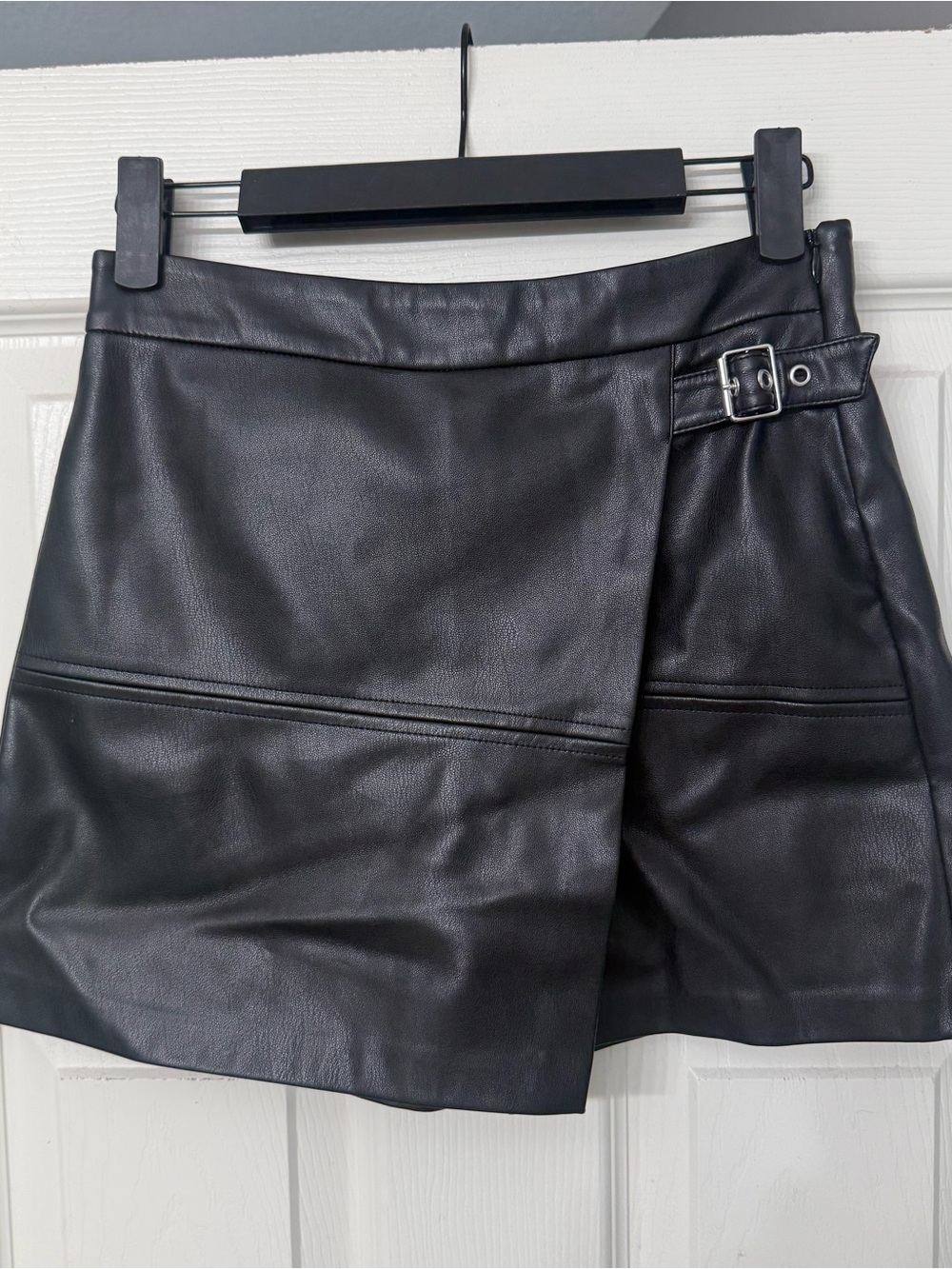 Zara Black Faux Leather Wrap-Style Mini Skirt with Buckle Detail